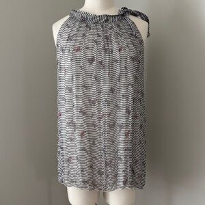 Elena Baldi Pleated Silk Tie Neck Sleeveless Striped Butterfly Blouse Size L